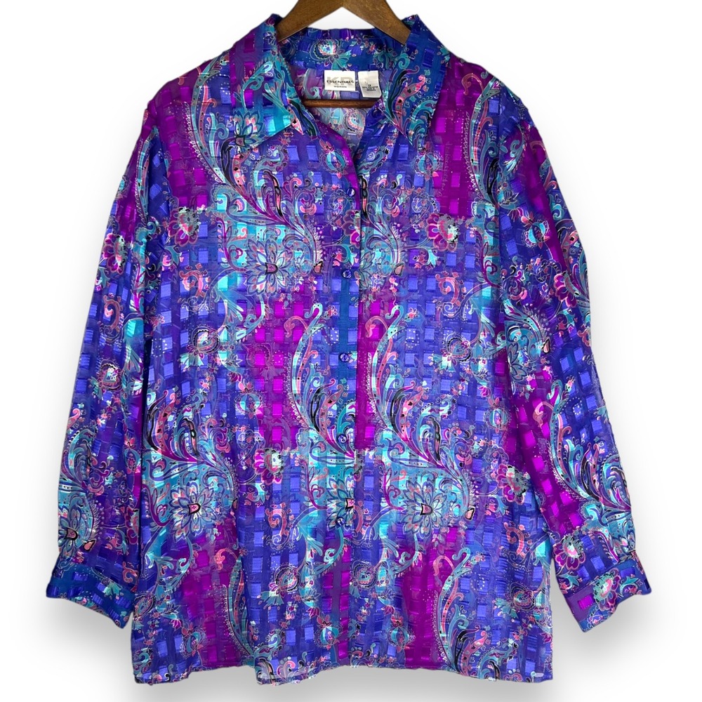 KR Essentials Woman Gypsy Blouse Semi Sheer Button Up Purple Blue Metallic 1X